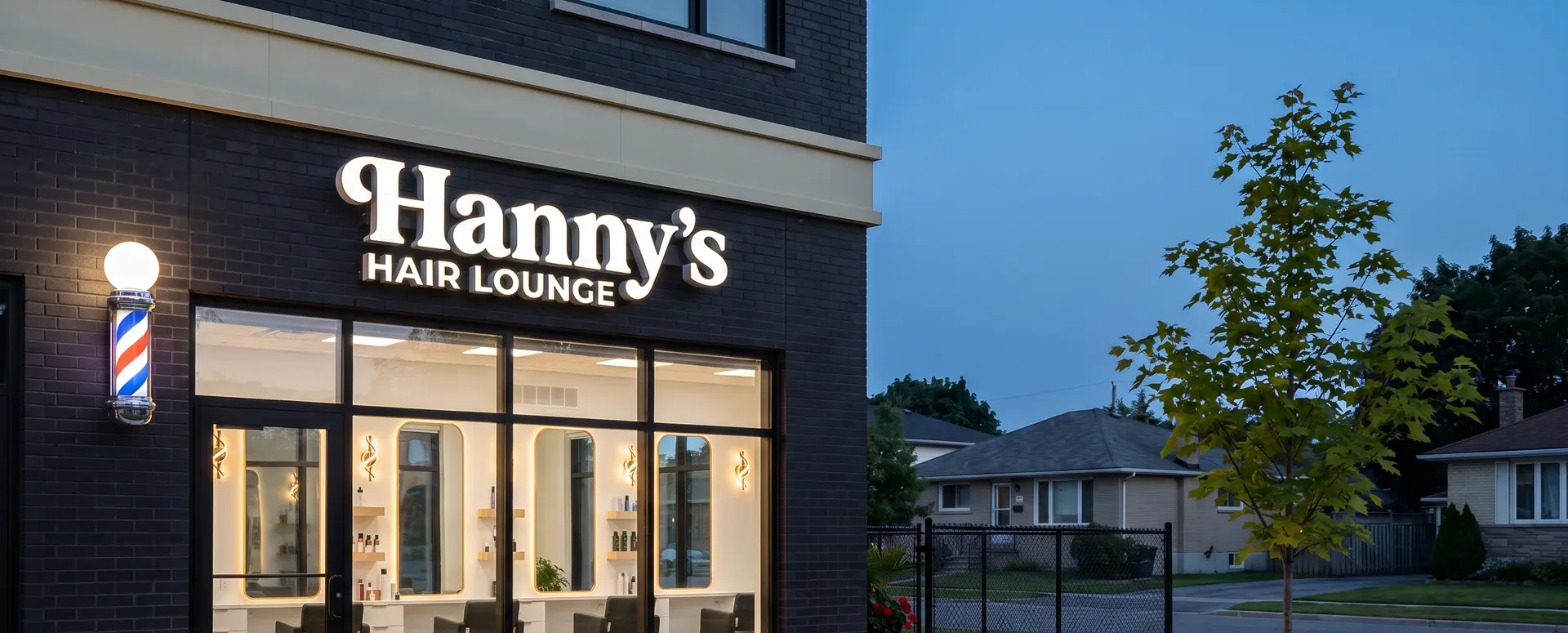Hanny's Hair Lounge at dusk: the lit sign and the salon glowing through the glass