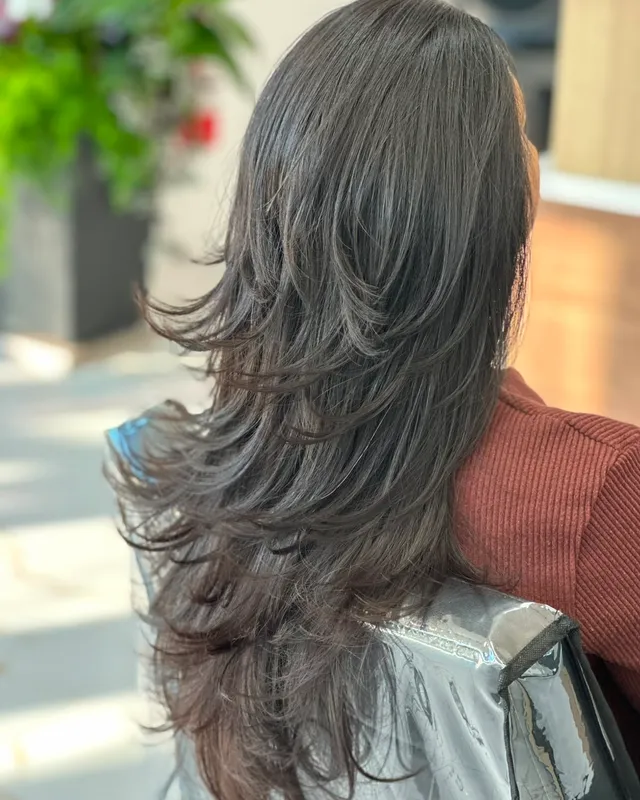 Long layers cut through thick dark hair